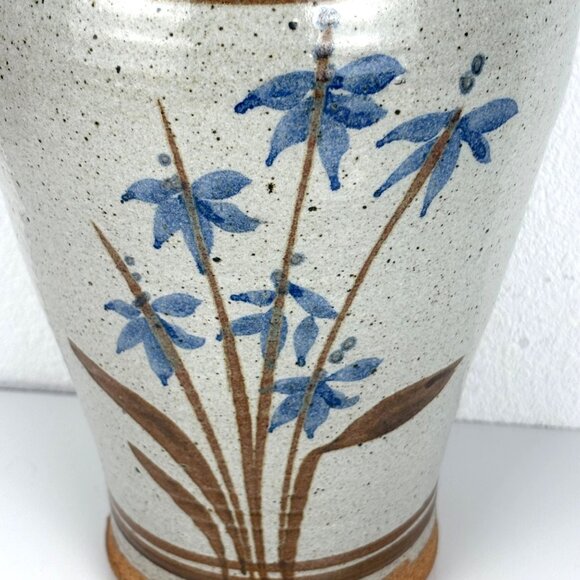 Handcrafted Gray Ceramic Vase Blue Iris Floral Design Brown Accents 9.5" #'d - Picture 2 of 7